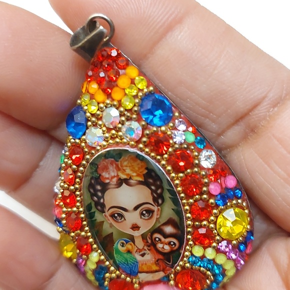 Frida Kahlo Inspired Vibrant Multicolor Crystal Paved Sterling Silver Pendant - Picture 9 of 10